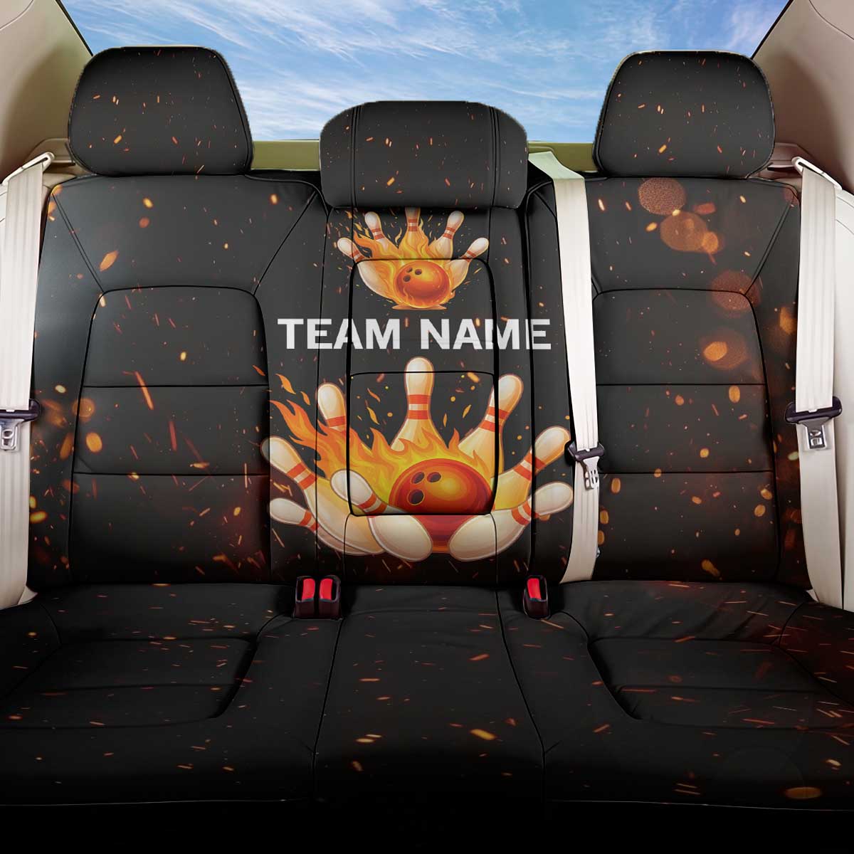 Flaming Bowling Ball Design Back Car Seat Cover with Strike Pins and Glowing Fire Sparks on Dark Background - Wonder Print Shop