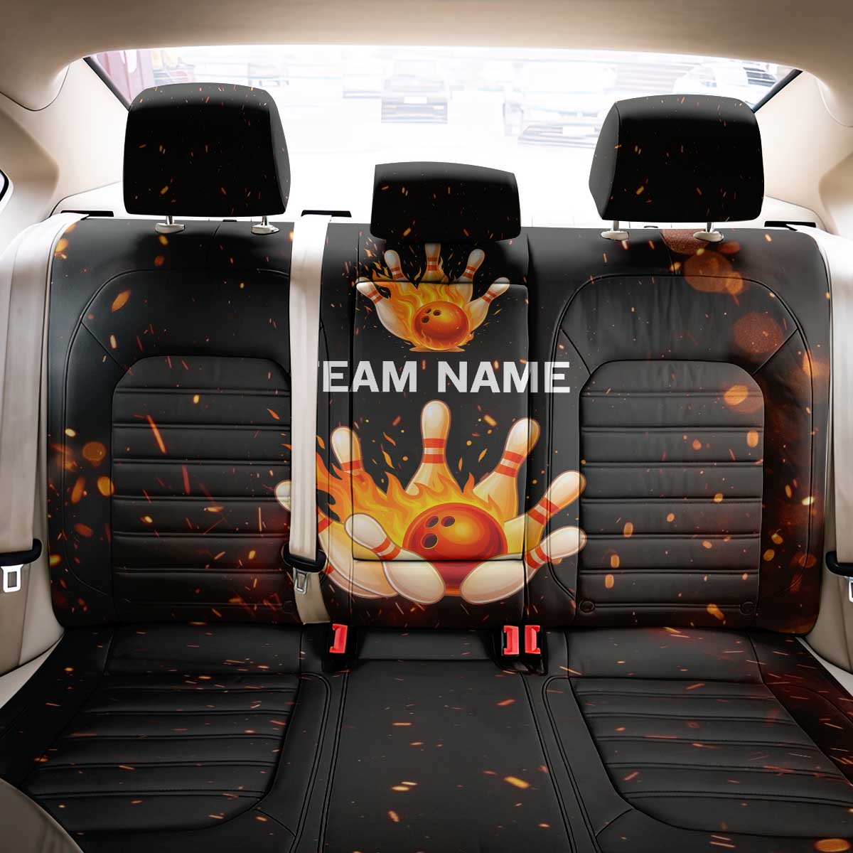 Flaming Bowling Ball Design Back Car Seat Cover with Strike Pins and Glowing Fire Sparks on Dark Background - Wonder Print Shop