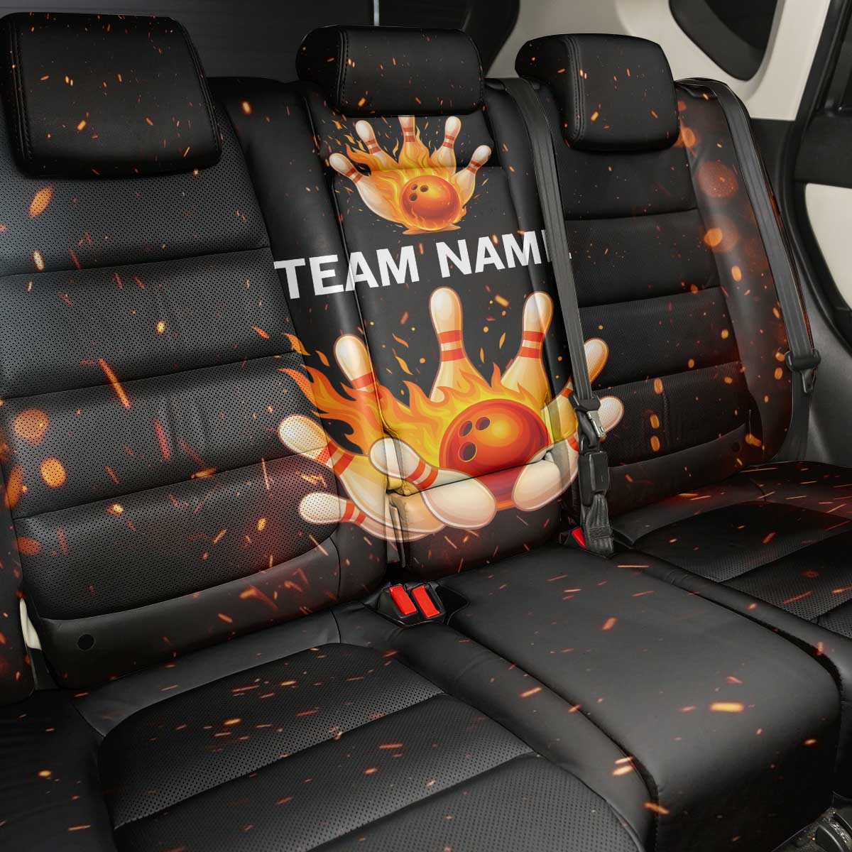 Flaming Bowling Ball Design Back Car Seat Cover with Strike Pins and Glowing Fire Sparks on Dark Background - Wonder Print Shop