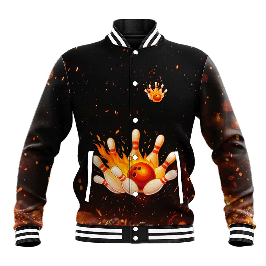 Flaming Bowling Ball Design Baseball Jacket with Strike Pins and Glowing Fire Sparks on Dark Background - Wonder Print Shop
