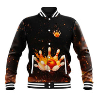Flaming Bowling Ball Design Baseball Jacket with Strike Pins and Glowing Fire Sparks on Dark Background - Wonder Print Shop