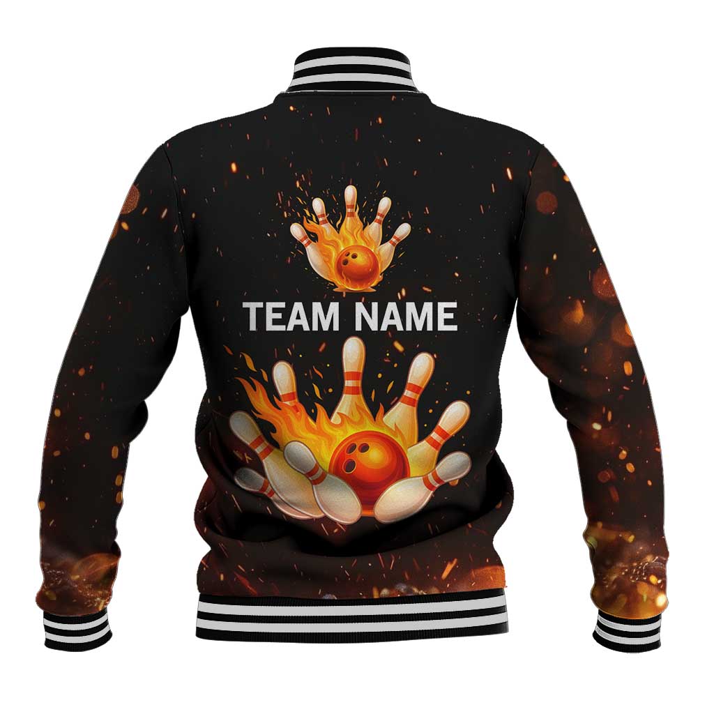Flaming Bowling Ball Design Baseball Jacket with Strike Pins and Glowing Fire Sparks on Dark Background - Wonder Print Shop