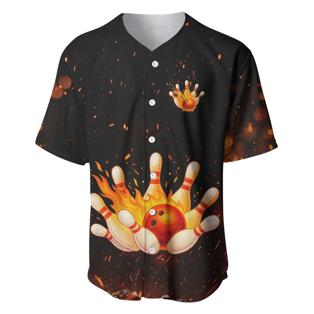 Flaming Bowling Ball Design Baseball Jersey with Strike Pins and Glowing Fire Sparks on Dark Background - Wonder Print Shop