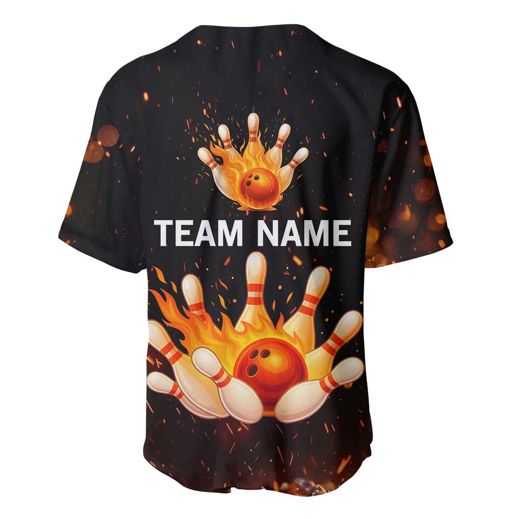 Flaming Bowling Ball Design Baseball Jersey with Strike Pins and Glowing Fire Sparks on Dark Background - Wonder Print Shop