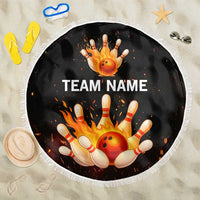 Flaming Bowling Ball Design Beach Blanket with Strike Pins and Glowing Fire Sparks on Dark Background - Wonder Print Shop