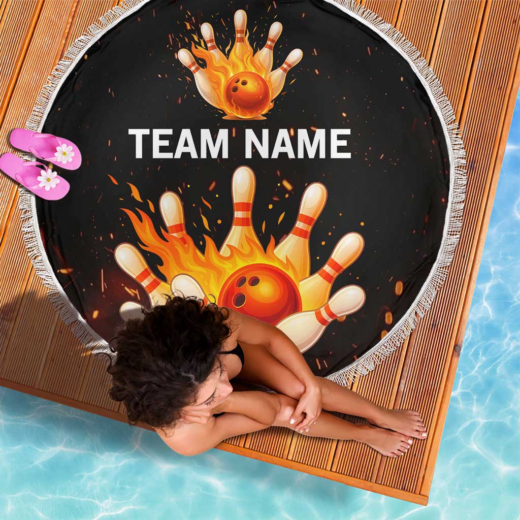 Flaming Bowling Ball Design Beach Blanket with Strike Pins and Glowing Fire Sparks on Dark Background - Wonder Print Shop