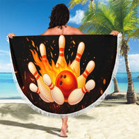 Flaming Bowling Ball Design Beach Blanket with Strike Pins and Glowing Fire Sparks on Dark Background - Wonder Print Shop