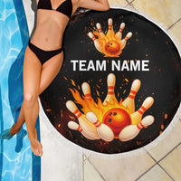 Flaming Bowling Ball Design Beach Blanket with Strike Pins and Glowing Fire Sparks on Dark Background - Wonder Print Shop