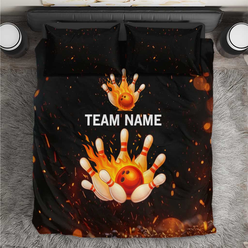 Flaming Bowling Ball Design Bedding Set with Strike Pins and Glowing Fire Sparks on Dark Background - Wonder Print Shop