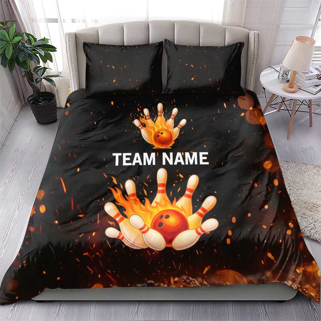 Flaming Bowling Ball Design Bedding Set with Strike Pins and Glowing Fire Sparks on Dark Background - Wonder Print Shop
