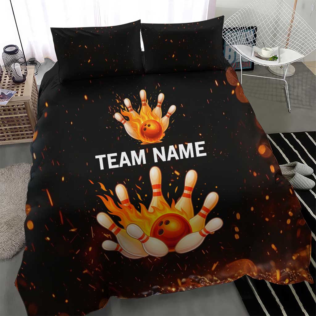 Flaming Bowling Ball Design Bedding Set with Strike Pins and Glowing Fire Sparks on Dark Background - Wonder Print Shop