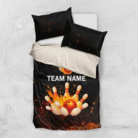 Flaming Bowling Ball Design Bedding Set with Strike Pins and Glowing Fire Sparks on Dark Background - Wonder Print Shop