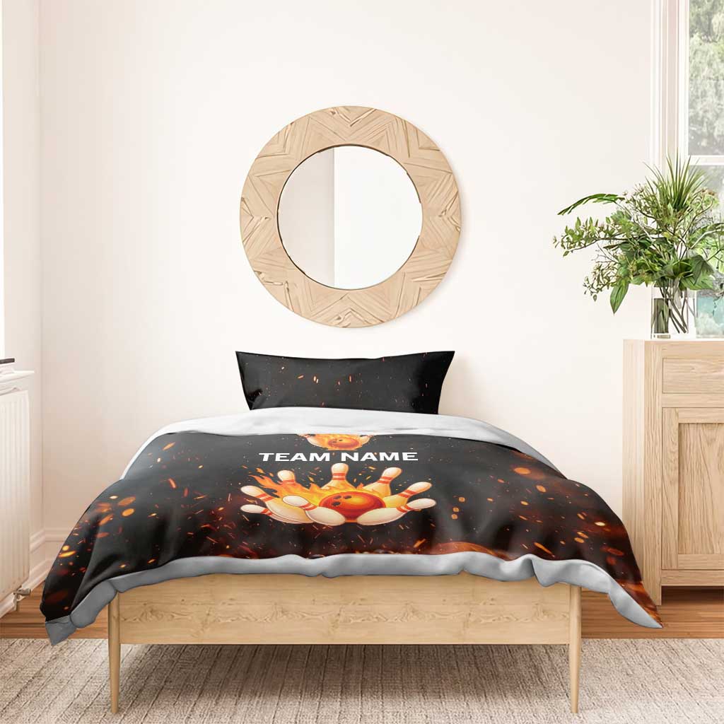 Flaming Bowling Ball Design Bedding Set with Strike Pins and Glowing Fire Sparks on Dark Background - Wonder Print Shop