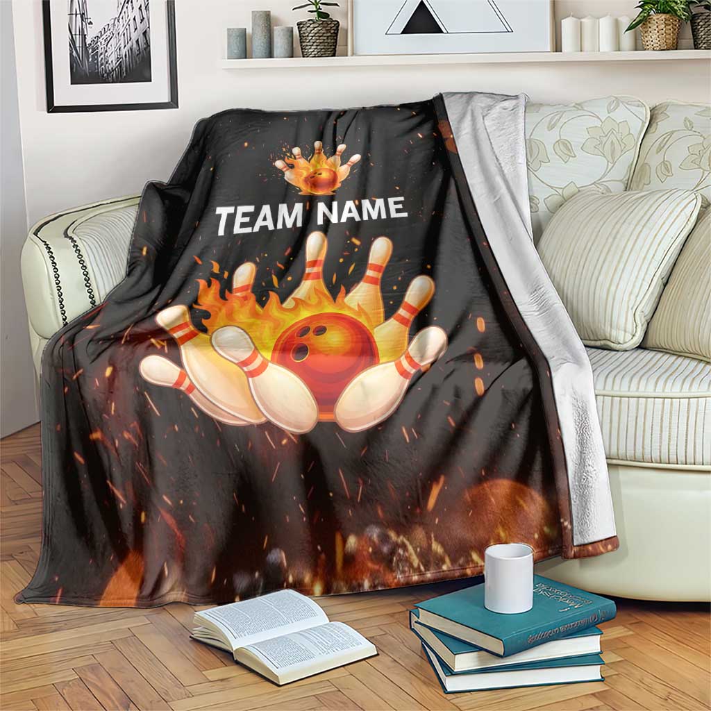 Flaming Bowling Ball Design Blanket with Strike Pins and Glowing Fire Sparks on Dark Background - Wonder Print Shop