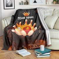Flaming Bowling Ball Design Blanket with Strike Pins and Glowing Fire Sparks on Dark Background - Wonder Print Shop