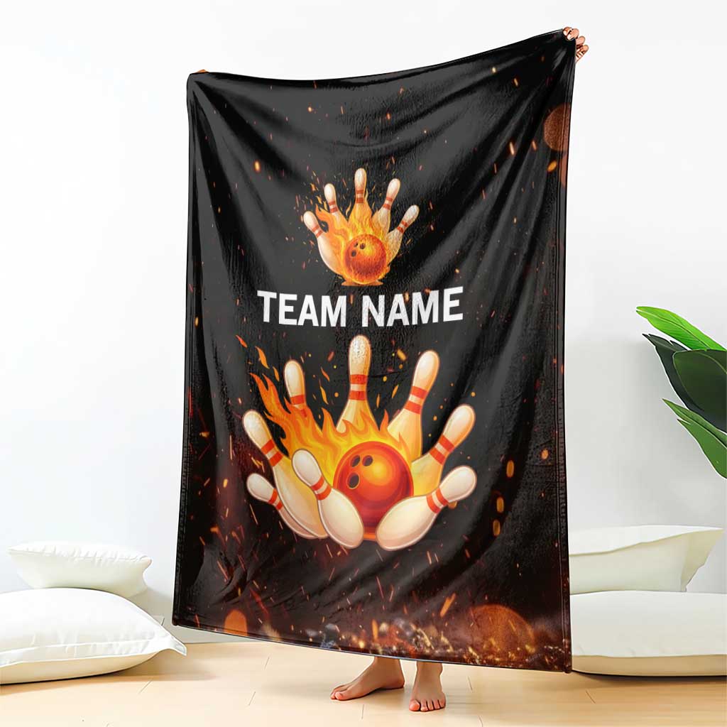 Flaming Bowling Ball Design Blanket with Strike Pins and Glowing Fire Sparks on Dark Background - Wonder Print Shop