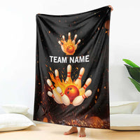 Flaming Bowling Ball Design Blanket with Strike Pins and Glowing Fire Sparks on Dark Background - Wonder Print Shop