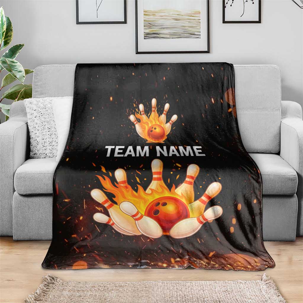 Flaming Bowling Ball Design Blanket with Strike Pins and Glowing Fire Sparks on Dark Background - Wonder Print Shop