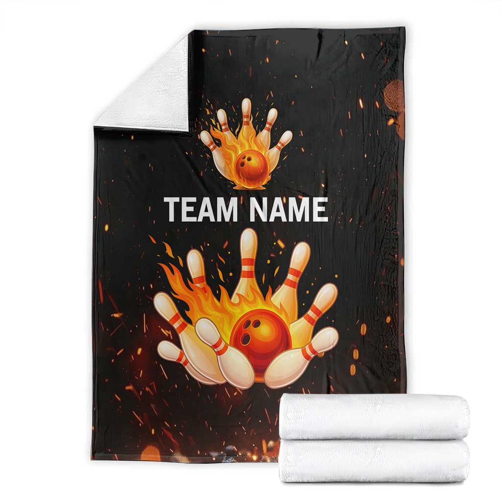 Flaming Bowling Ball Design Blanket with Strike Pins and Glowing Fire Sparks on Dark Background - Wonder Print Shop