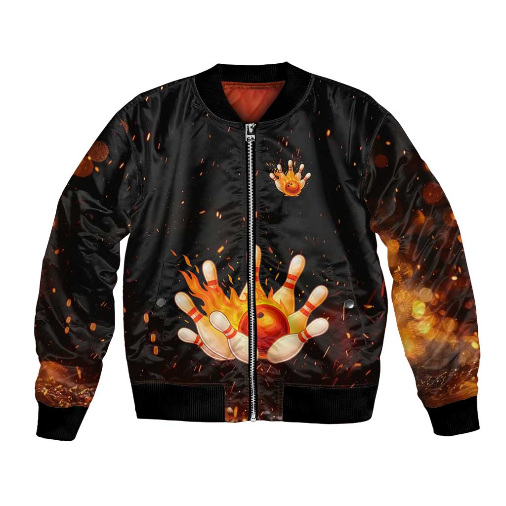 Flaming Bowling Ball Design Bomber Jacket with Strike Pins and Glowing Fire Sparks on Dark Background - Wonder Print Shop