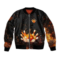 Flaming Bowling Ball Design Bomber Jacket with Strike Pins and Glowing Fire Sparks on Dark Background - Wonder Print Shop