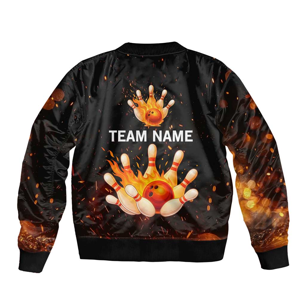 Flaming Bowling Ball Design Bomber Jacket with Strike Pins and Glowing Fire Sparks on Dark Background - Wonder Print Shop