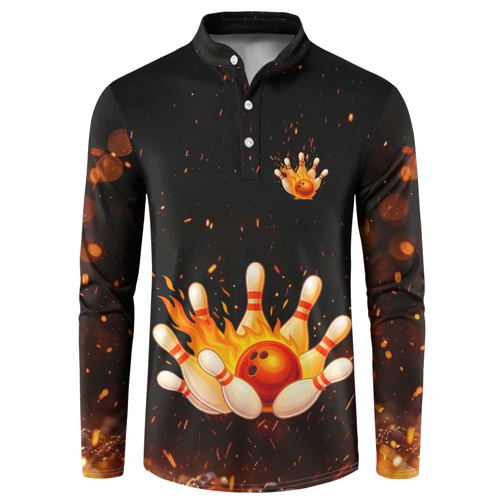 Flaming Bowling Ball Design Button Sweatshirt with Strike Pins and Glowing Fire Sparks on Dark Background - Wonder Print Shop