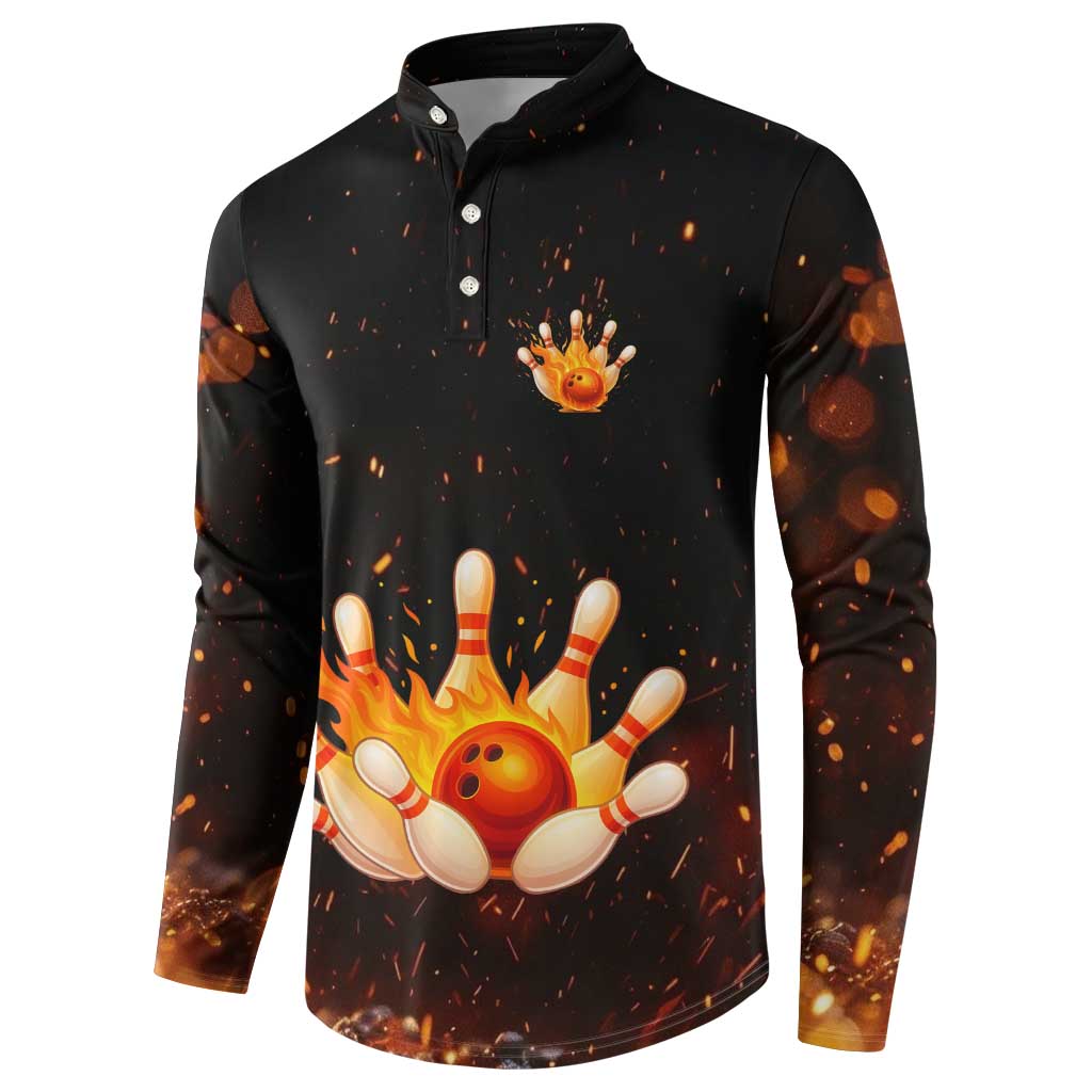 Flaming Bowling Ball Design Button Sweatshirt with Strike Pins and Glowing Fire Sparks on Dark Background - Wonder Print Shop