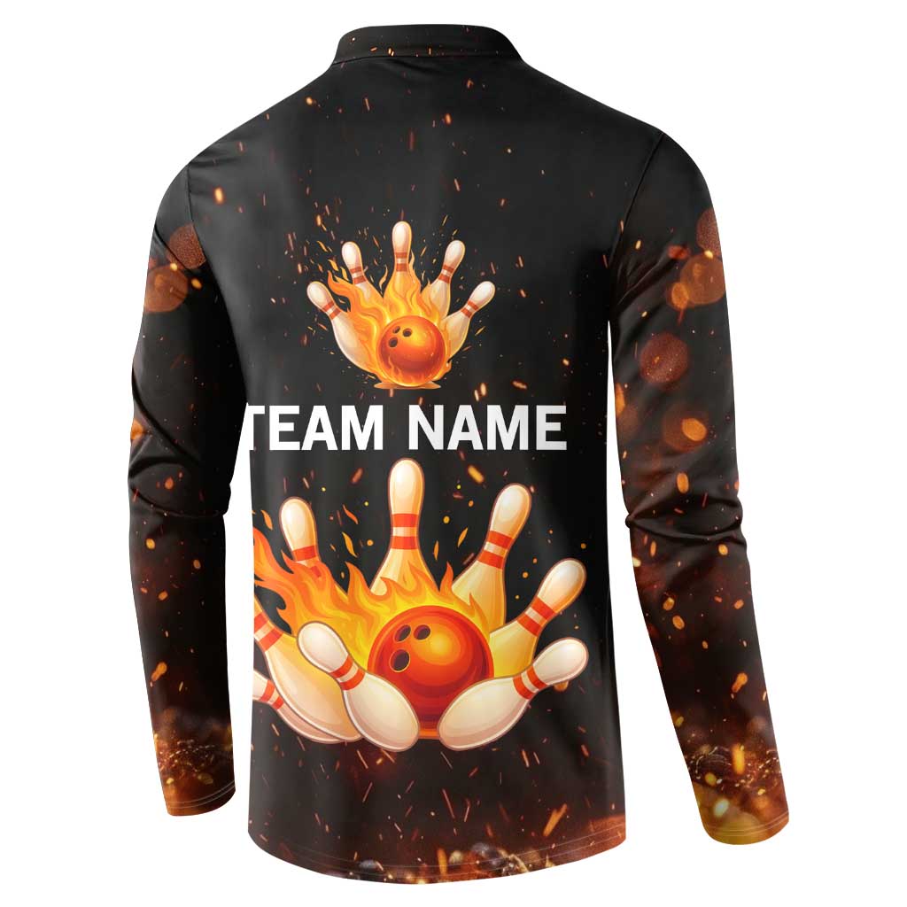 Flaming Bowling Ball Design Button Sweatshirt with Strike Pins and Glowing Fire Sparks on Dark Background - Wonder Print Shop