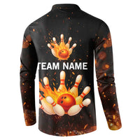Flaming Bowling Ball Design Button Sweatshirt with Strike Pins and Glowing Fire Sparks on Dark Background - Wonder Print Shop