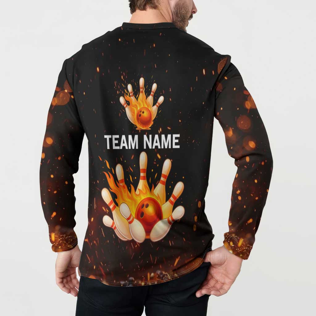 Flaming Bowling Ball Design Button Sweatshirt with Strike Pins and Glowing Fire Sparks on Dark Background - Wonder Print Shop