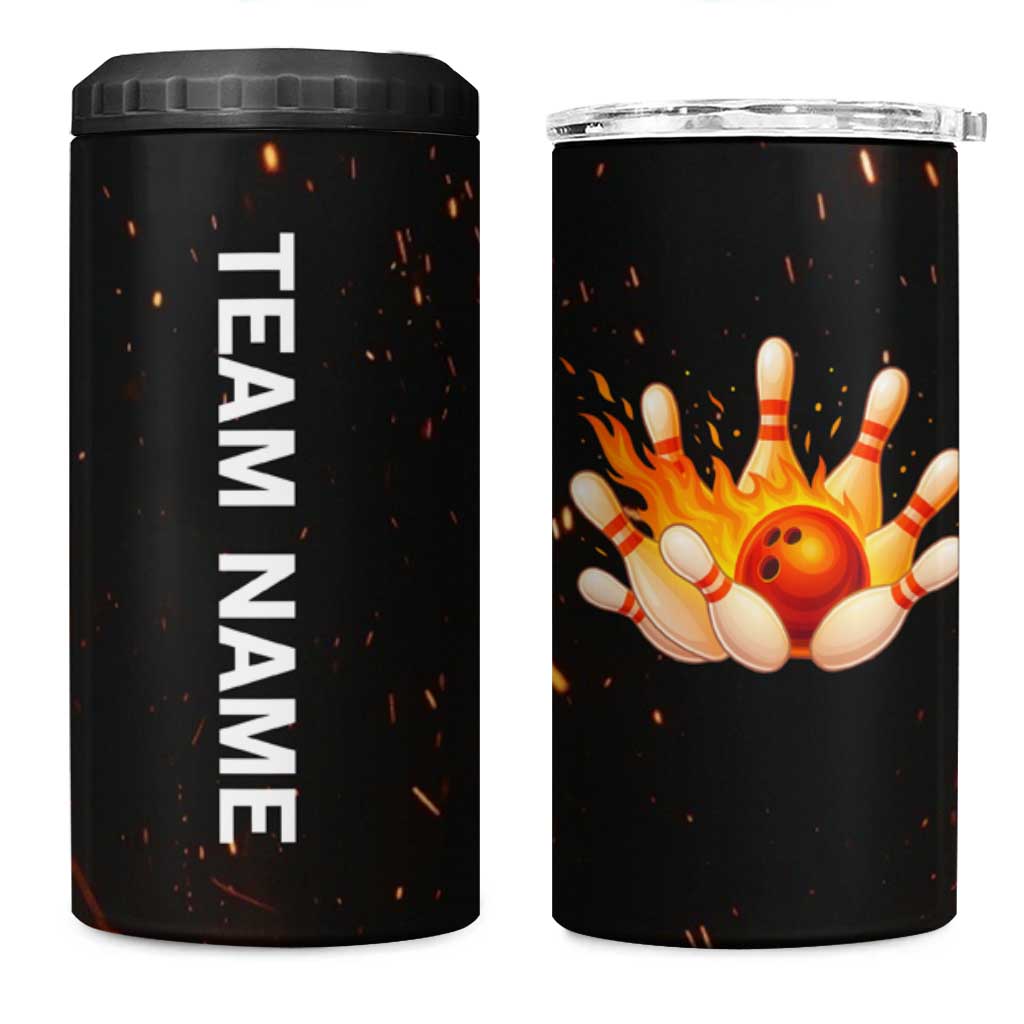 Flaming Bowling Ball Design 4 in 1 Can Cooler Tumbler with Strike Pins and Glowing Fire Sparks on Dark Background - Wonder Print Shop