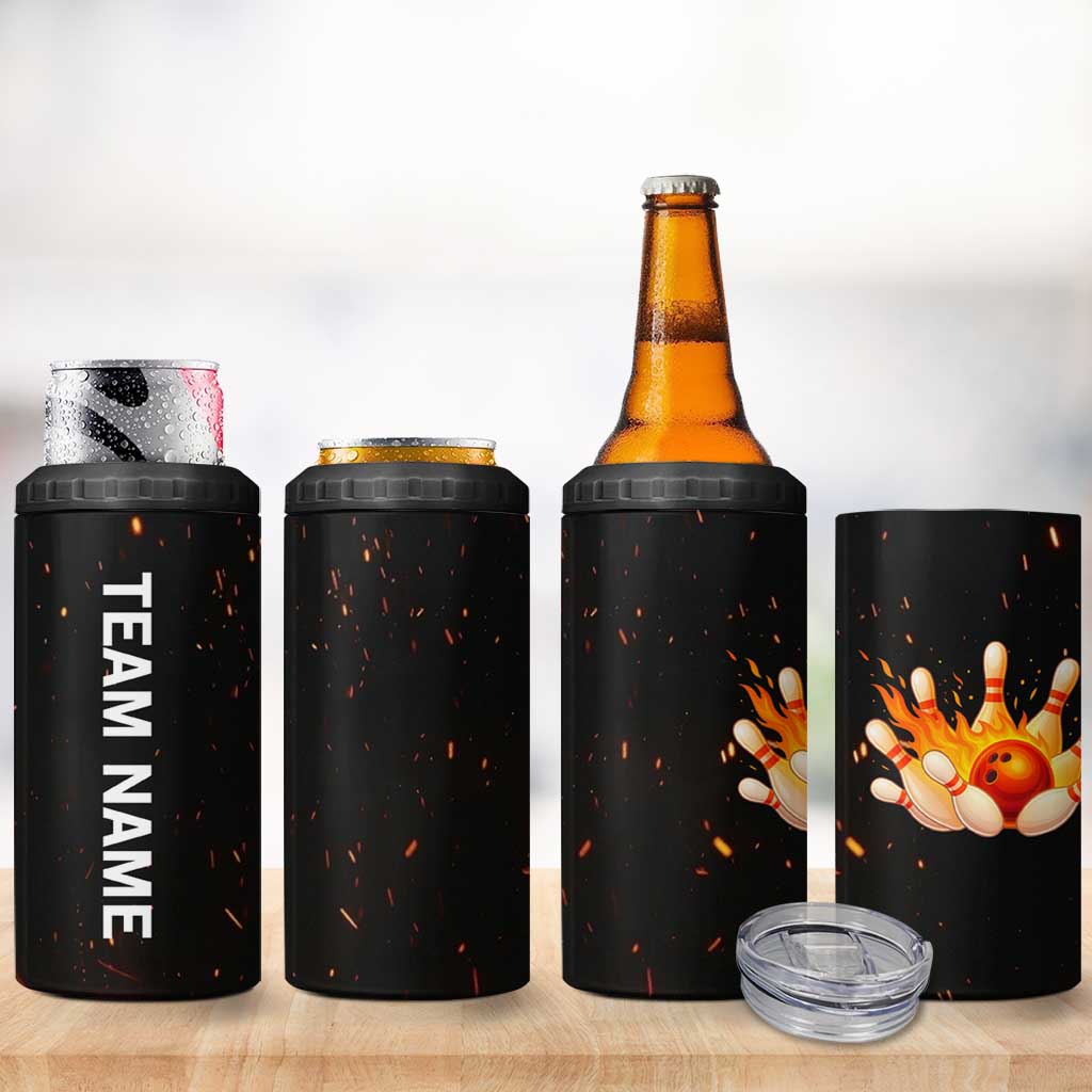 Flaming Bowling Ball Design 4 in 1 Can Cooler Tumbler with Strike Pins and Glowing Fire Sparks on Dark Background - Wonder Print Shop