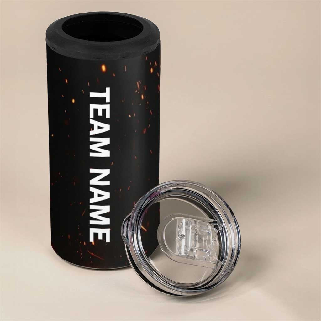 Flaming Bowling Ball Design 4 in 1 Can Cooler Tumbler with Strike Pins and Glowing Fire Sparks on Dark Background - Wonder Print Shop