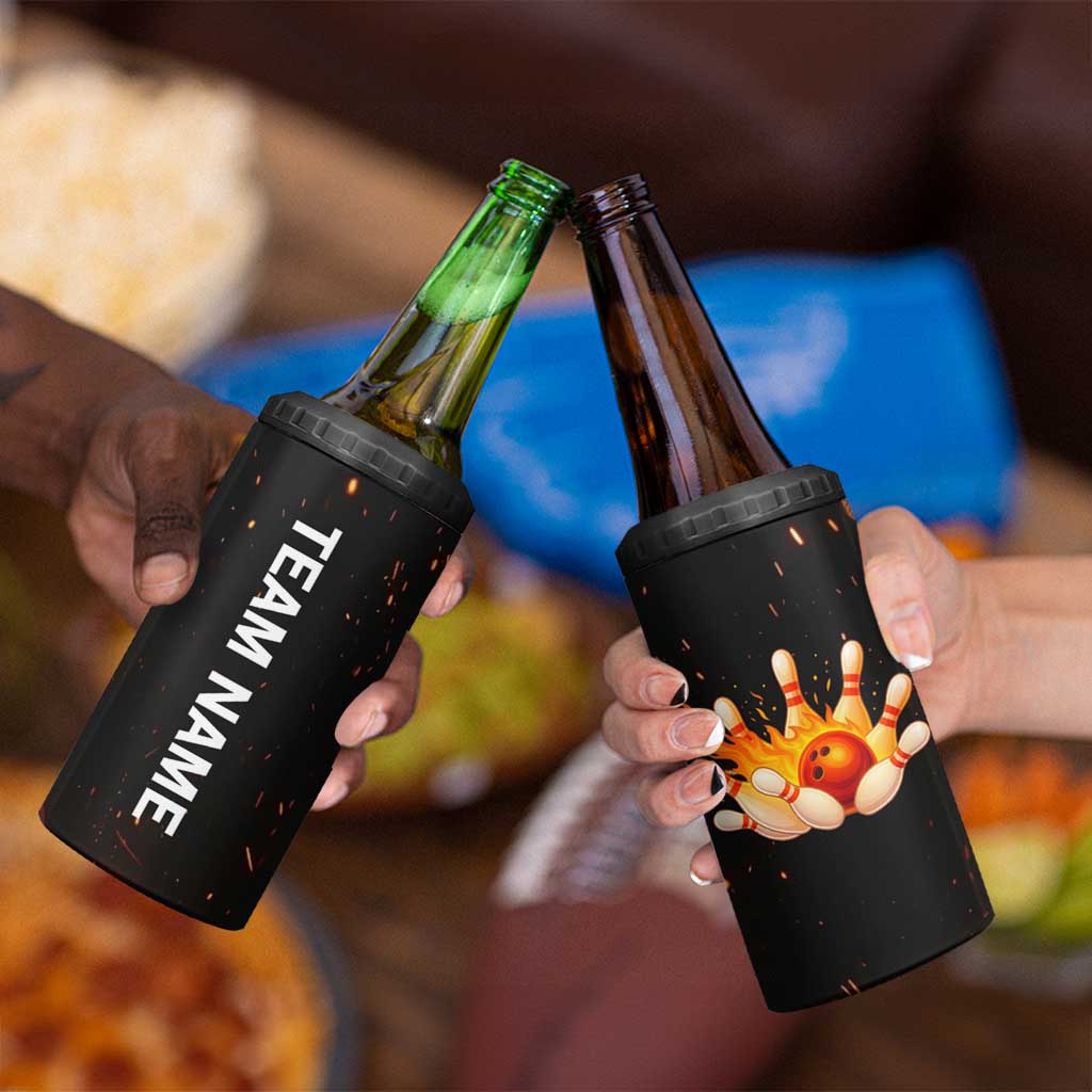 Flaming Bowling Ball Design 4 in 1 Can Cooler Tumbler with Strike Pins and Glowing Fire Sparks on Dark Background - Wonder Print Shop