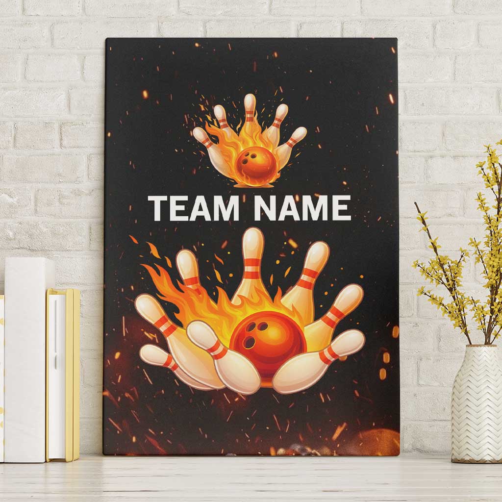 Flaming Bowling Ball Design Canvas Wall Art with Strike Pins and Glowing Fire Sparks on Dark Background - Wonder Print Shop