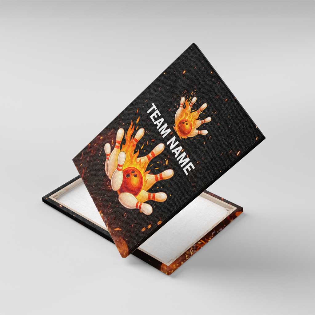 Flaming Bowling Ball Design Canvas Wall Art with Strike Pins and Glowing Fire Sparks on Dark Background - Wonder Print Shop