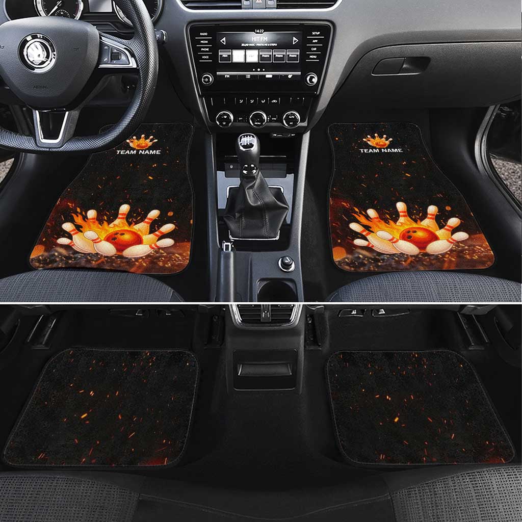 Flaming Bowling Ball Design Car Mats with Strike Pins and Glowing Fire Sparks on Dark Background - Wonder Print Shop