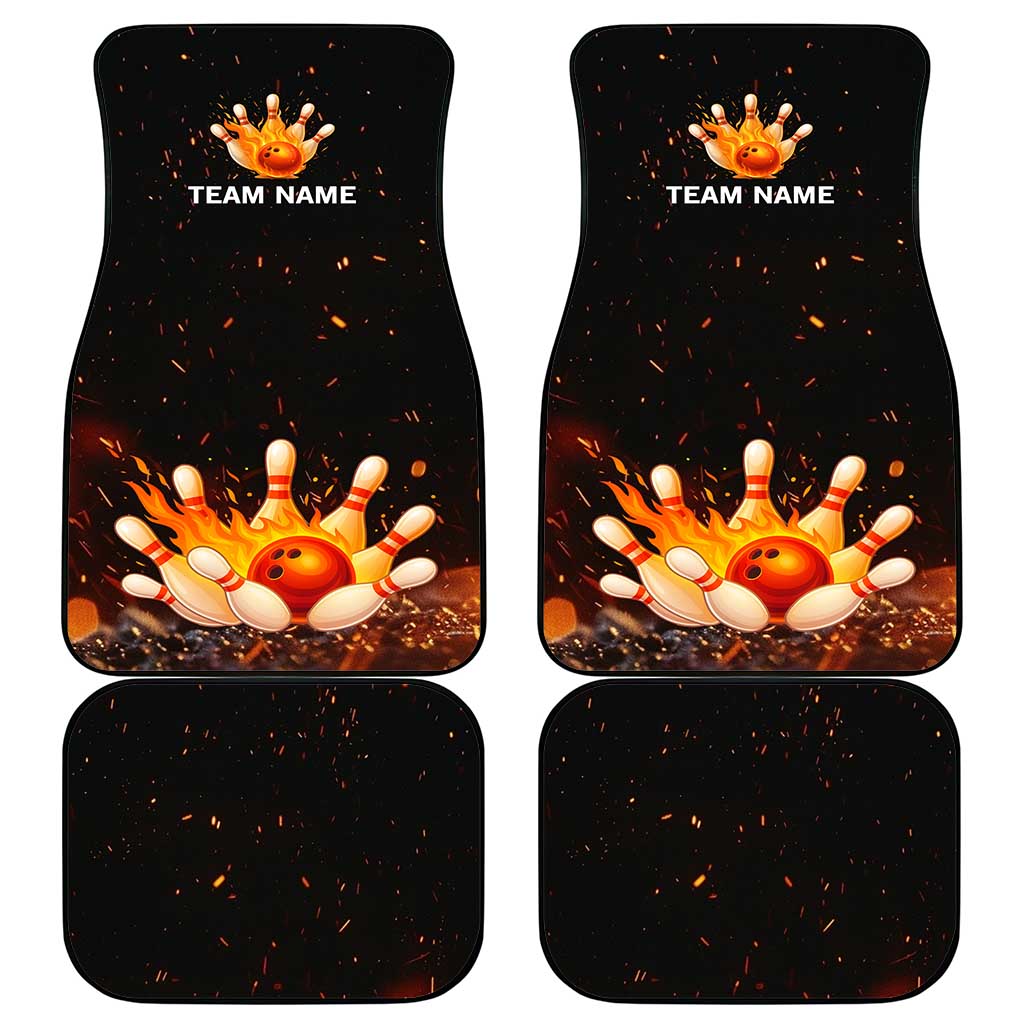 Flaming Bowling Ball Design Car Mats with Strike Pins and Glowing Fire Sparks on Dark Background - Wonder Print Shop