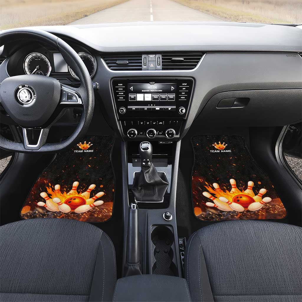 Flaming Bowling Ball Design Car Mats with Strike Pins and Glowing Fire Sparks on Dark Background - Wonder Print Shop
