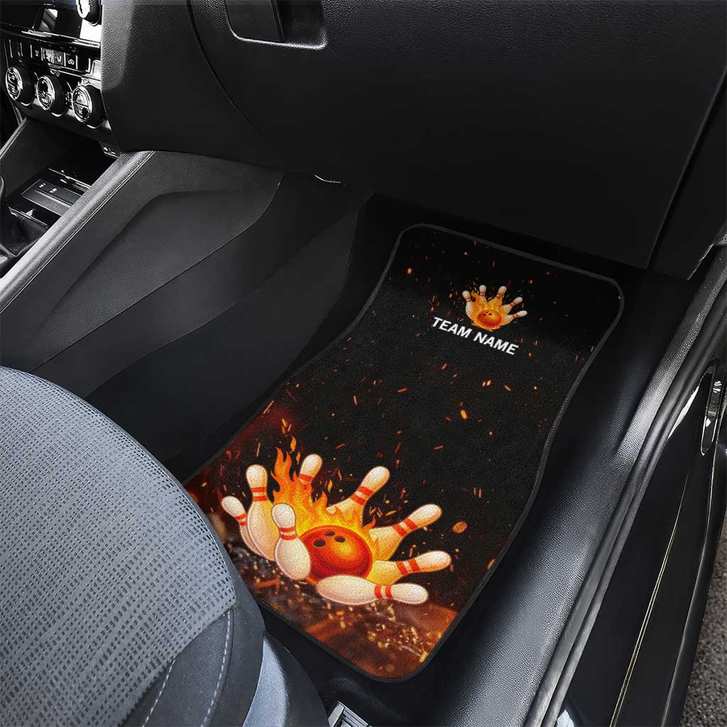 Flaming Bowling Ball Design Car Mats with Strike Pins and Glowing Fire Sparks on Dark Background - Wonder Print Shop