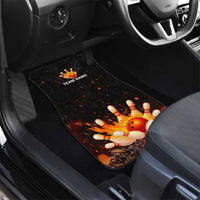 Flaming Bowling Ball Design Car Mats with Strike Pins and Glowing Fire Sparks on Dark Background - Wonder Print Shop