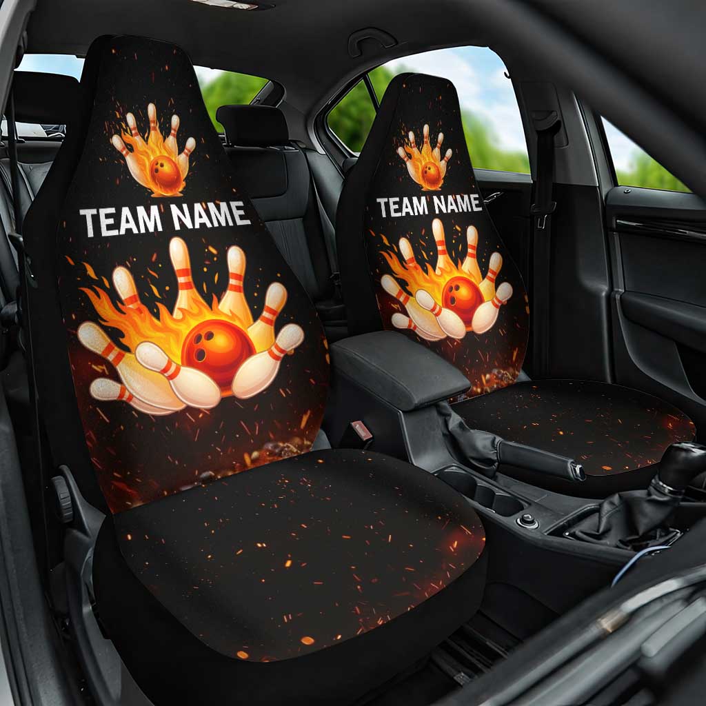 Flaming Bowling Ball Design Car Seat Cover with Strike Pins and Glowing Fire Sparks on Dark Background - Wonder Print Shop