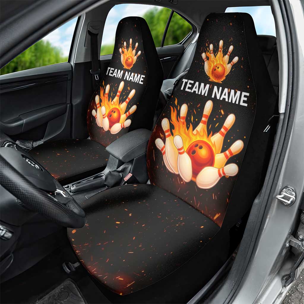 Flaming Bowling Ball Design Car Seat Cover with Strike Pins and Glowing Fire Sparks on Dark Background - Wonder Print Shop