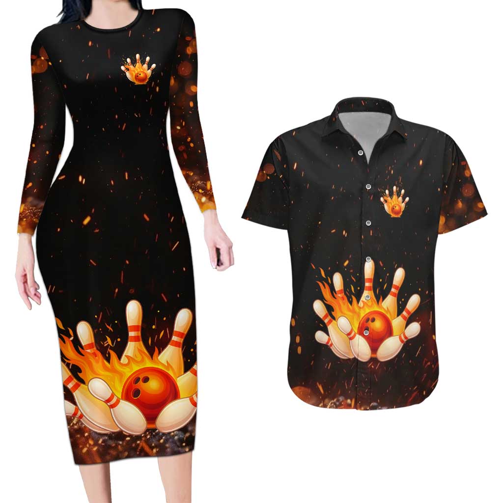Flaming Bowling Ball Design Couples Matching Long Sleeve Bodycon Dress and Hawaiian Shirt with Strike Pins and Glowing Fire Sparks on Dark Background - Wonder Print Shop