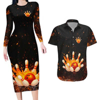 Flaming Bowling Ball Design Couples Matching Long Sleeve Bodycon Dress and Hawaiian Shirt with Strike Pins and Glowing Fire Sparks on Dark Background - Wonder Print Shop