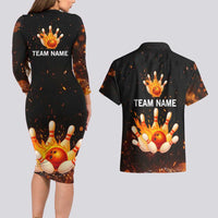 Flaming Bowling Ball Design Couples Matching Long Sleeve Bodycon Dress and Hawaiian Shirt with Strike Pins and Glowing Fire Sparks on Dark Background - Wonder Print Shop