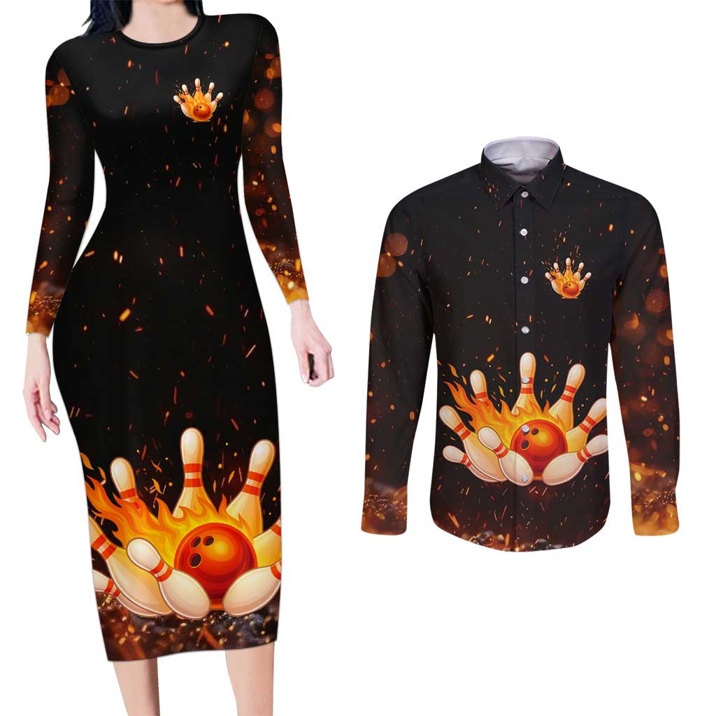 Flaming Bowling Ball Design Couples Matching Long Sleeve Bodycon Dress and Long Sleeve Button Shirt with Strike Pins and Glowing Fire Sparks on Dark Background - Wonder Print Shop