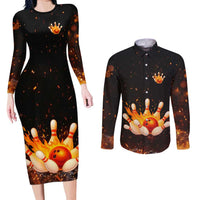 Flaming Bowling Ball Design Couples Matching Long Sleeve Bodycon Dress and Long Sleeve Button Shirt with Strike Pins and Glowing Fire Sparks on Dark Background - Wonder Print Shop