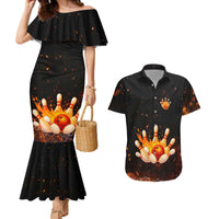 Flaming Bowling Ball Design Couples Matching Mermaid Dress and Hawaiian Shirt with Strike Pins and Glowing Fire Sparks on Dark Background - Wonder Print Shop